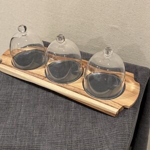 NEW in Box Artesa Appetizer Serving Set : Wood With Glass Domes